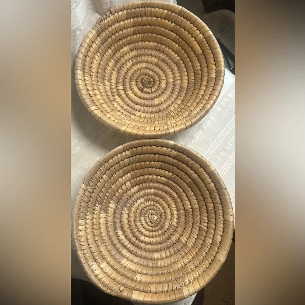 Woven Basket Set Boho Farmhouse Decor Natural Fiber Bowls Pair